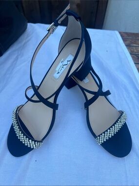 Nina New York Navy Satin Crystal-Strap evening sandals